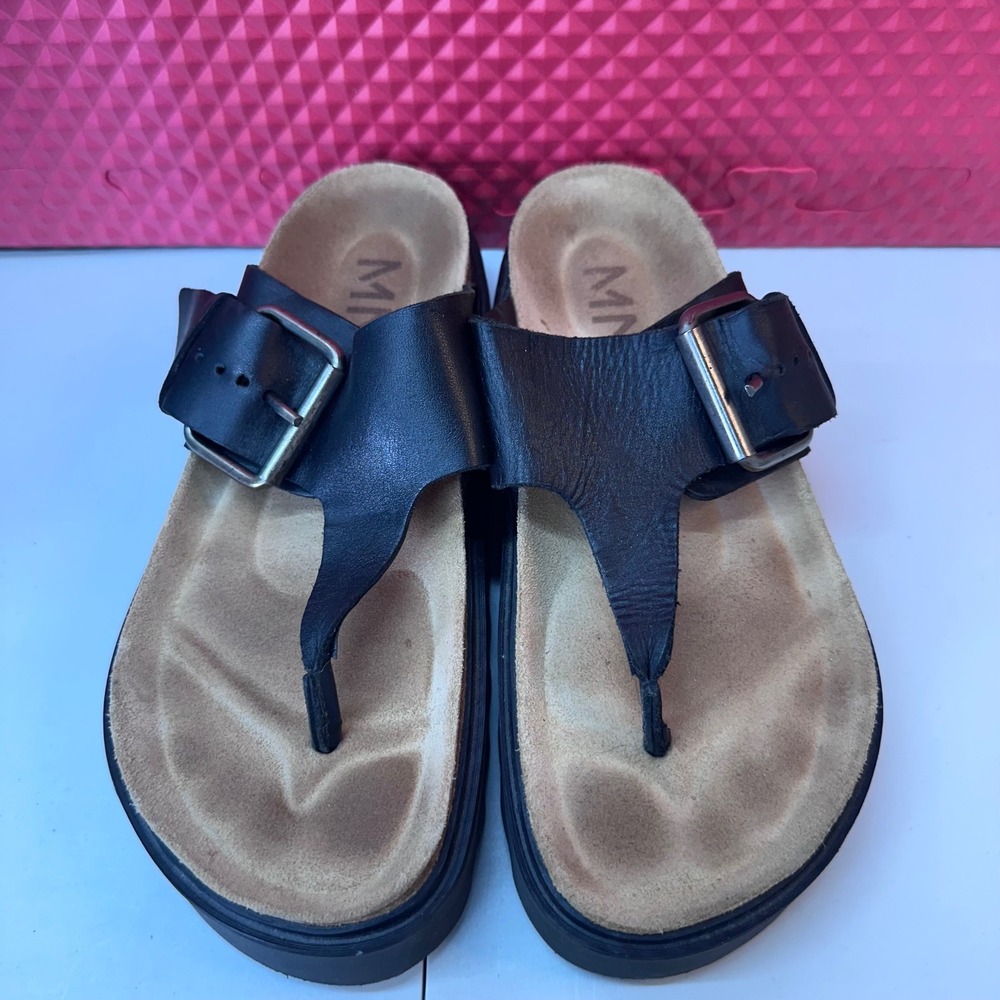 Mango Black Leather Platform Slide Sandals Buckle Cork Footbed Womens 39 US 8.5